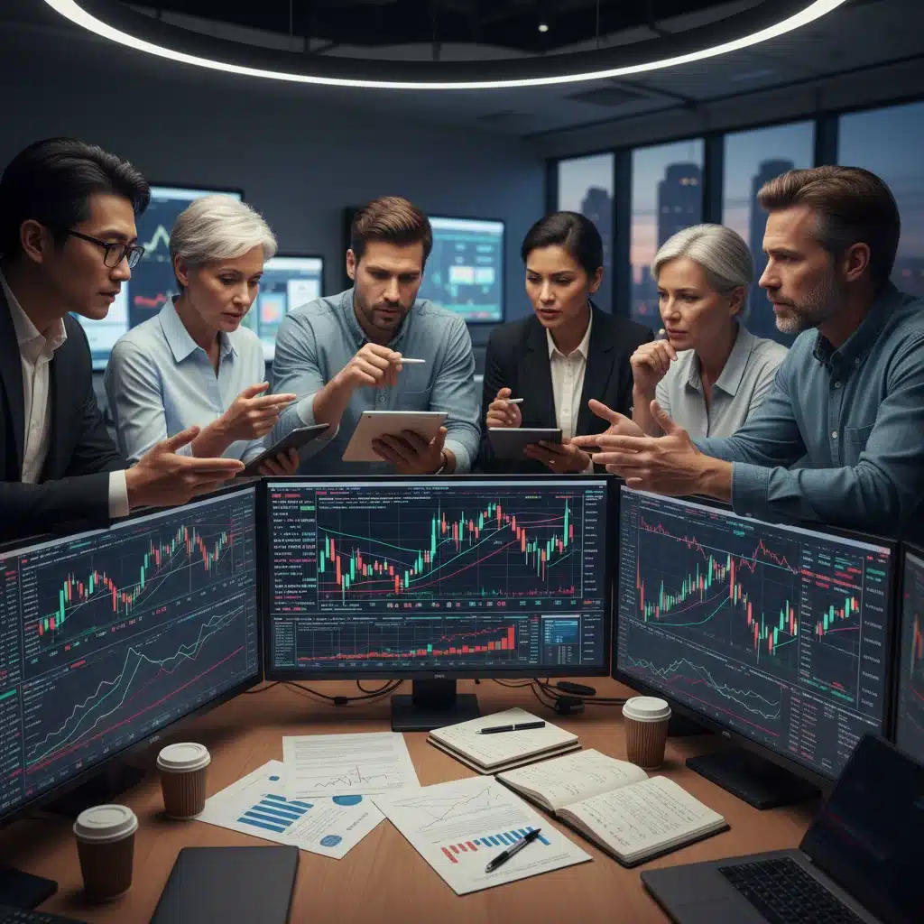 Diverse investors analyzing complex digital stock market data on multiple screens, collaborating on investment decisions.