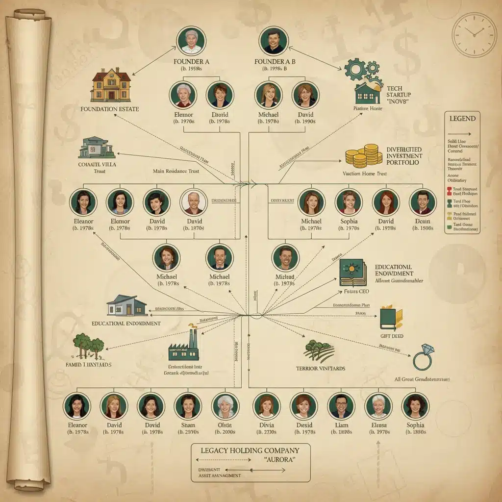 Multi-generational family tree with assets, illustrating wealth distribution.