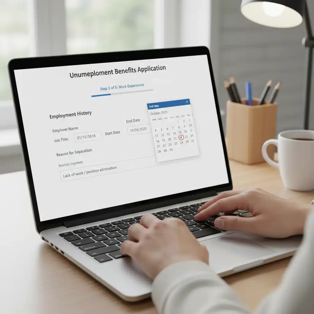 Hands filling out online unemployment benefit application form