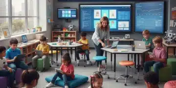 Diverse students engaged in personalized learning activities with technology in a modern classroom.