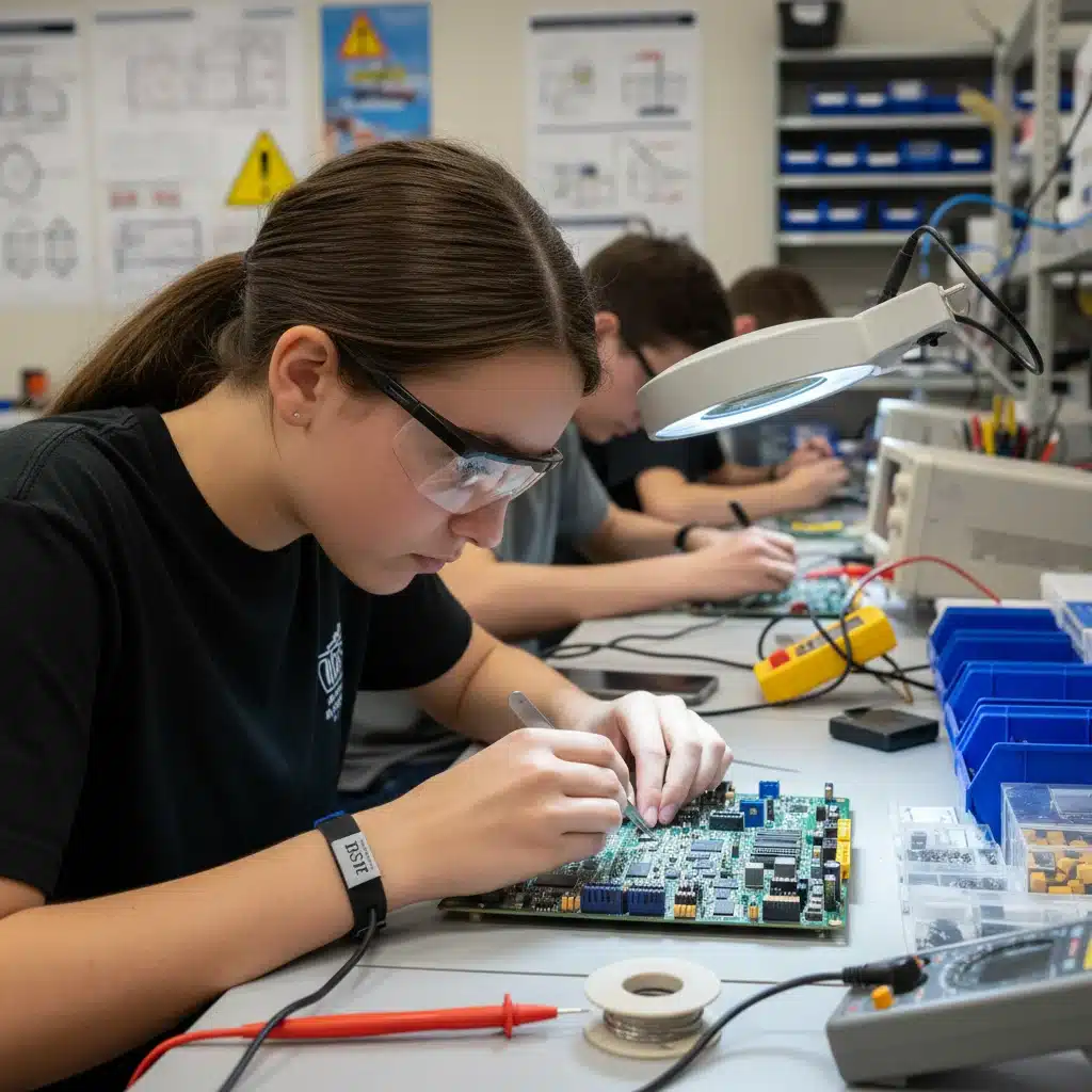 Student working on a circuit board, showcasing practical skills in electronics vocational training.