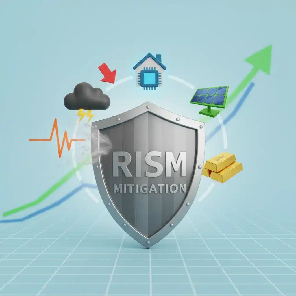 Financial shield protecting diverse investment assets from market risks and volatility, symbolizing risk mitigation strategies.
