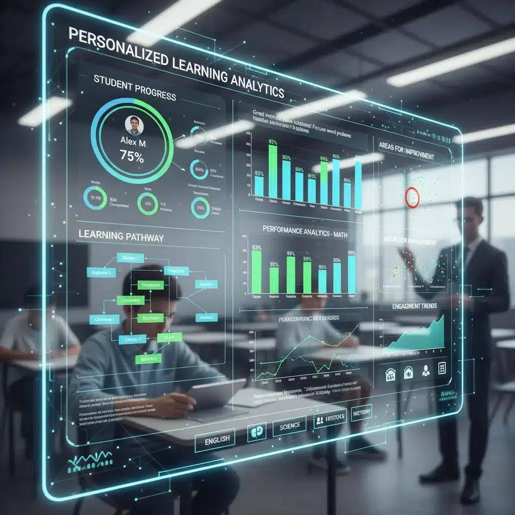 Data visualization dashboard showing student progress and personalized learning analytics.