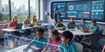 Students learning digital literacy skills in a modern classroom setting