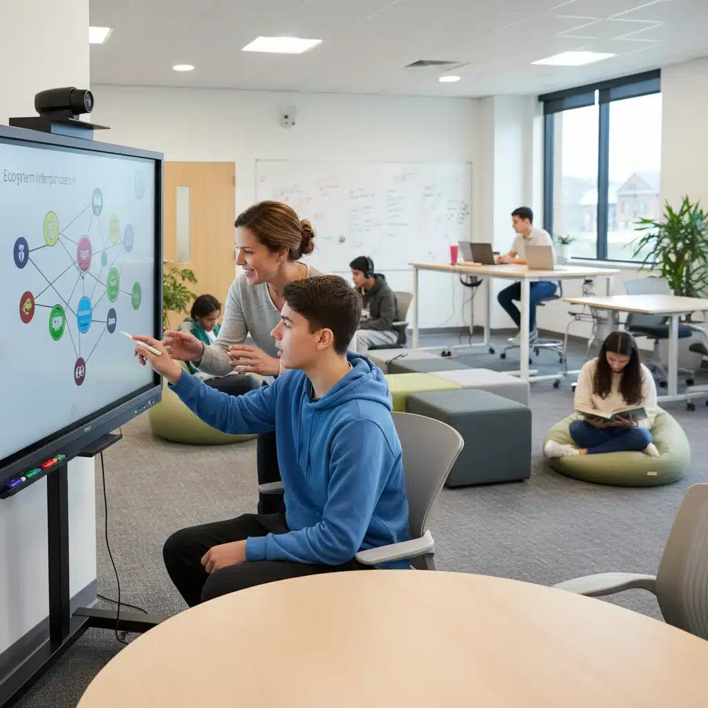 Teacher providing individualized instruction to a student in a flexible learning environment.