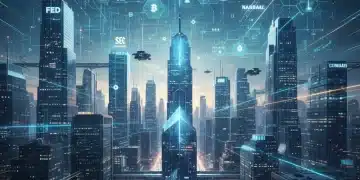 Futuristic cityscape with blockchain networks, symbolizing US crypto regulations in 2026.