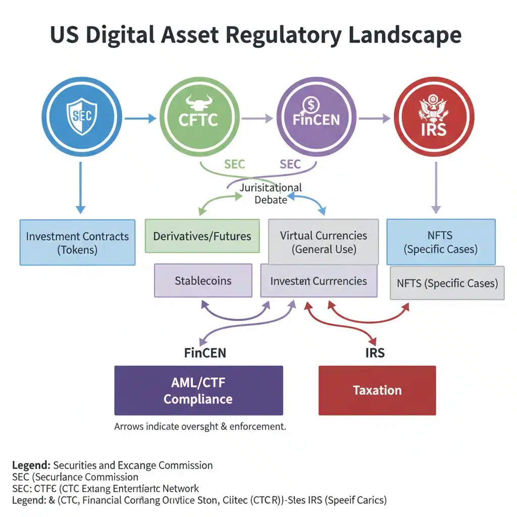 Infographic showing US regulatory bodies and their jurisdiction over digital assets.