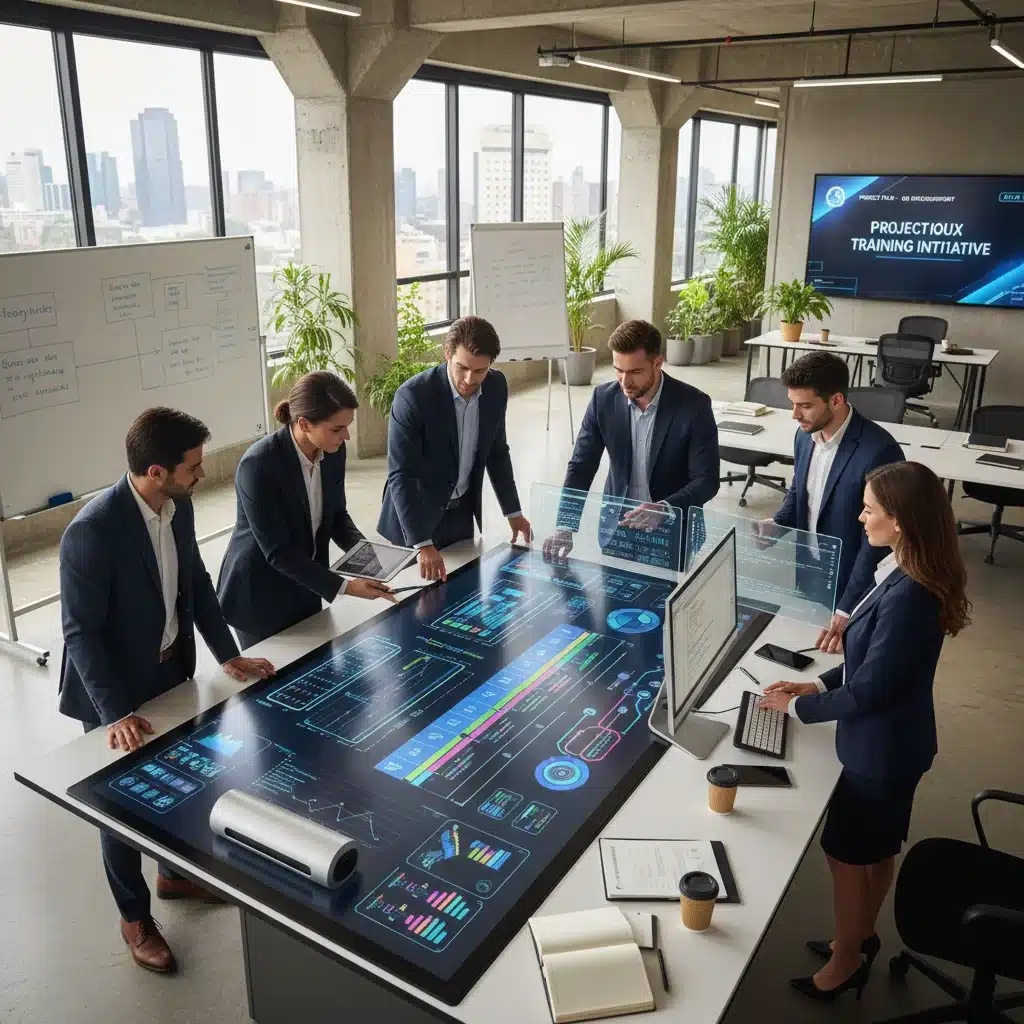 Professionals collaborating in a modern office, representing successful vocational training graduates.