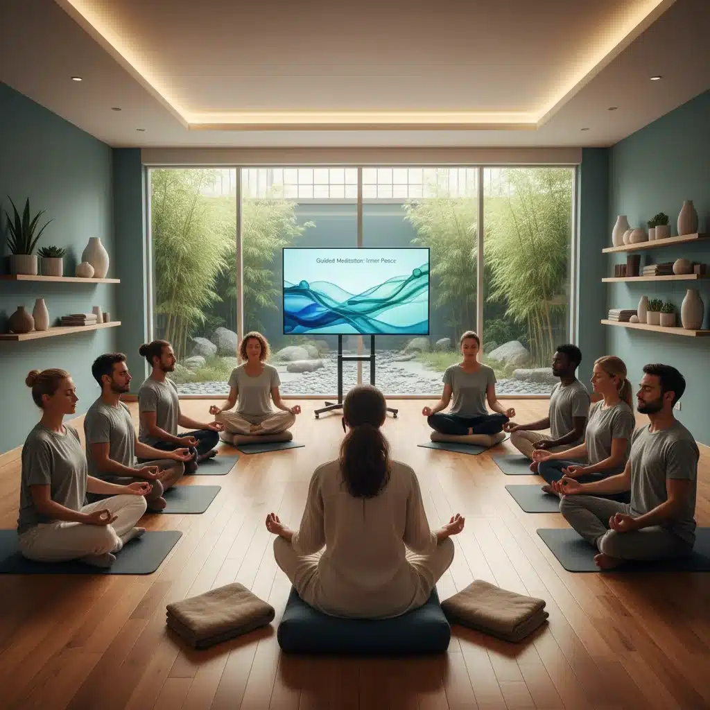 Employees engaged in a guided mindfulness and meditation session at work