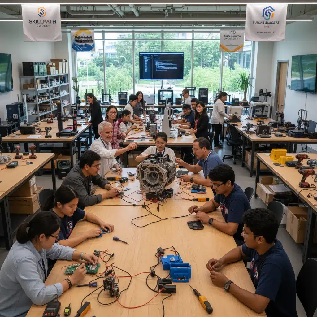 Diverse group collaborating on practical skills, demonstrating alternative education impact