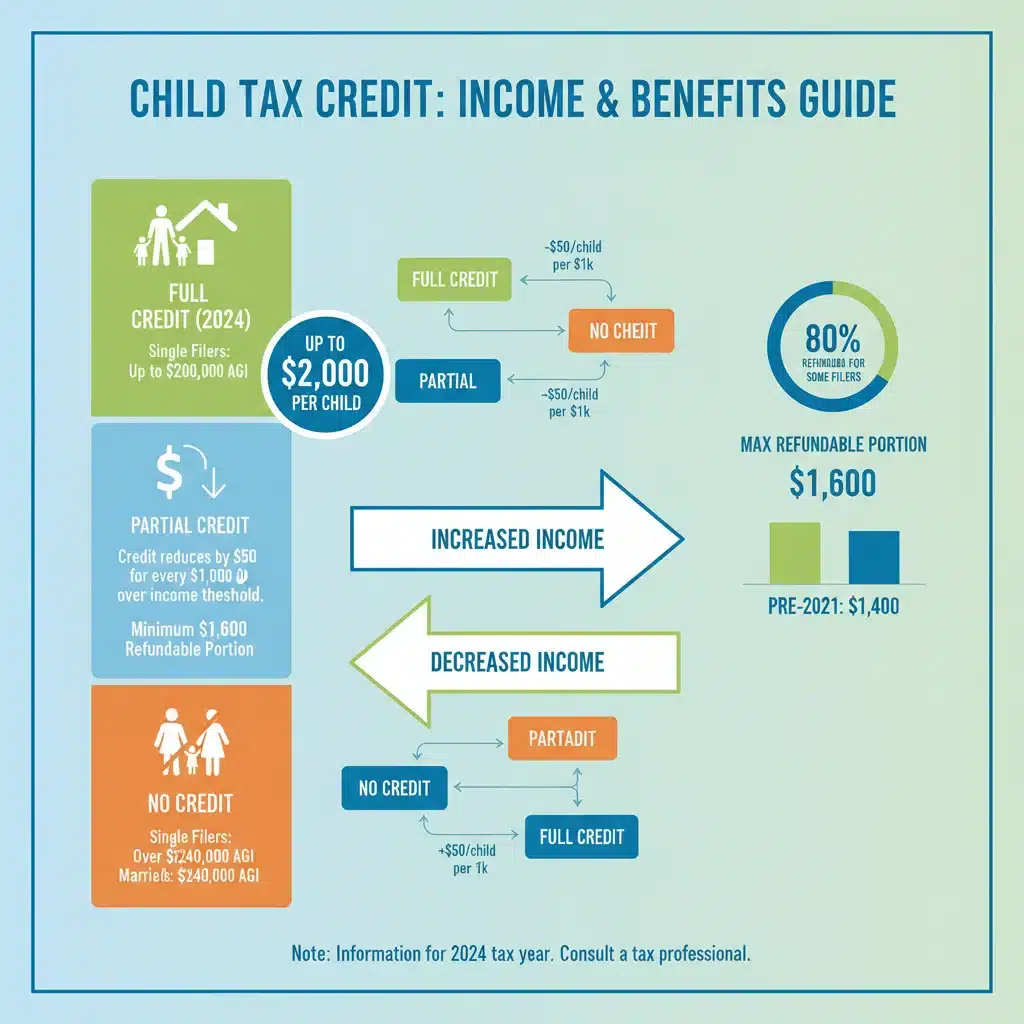 Infographic detailing Child Tax Credit income thresholds and benefit amounts.