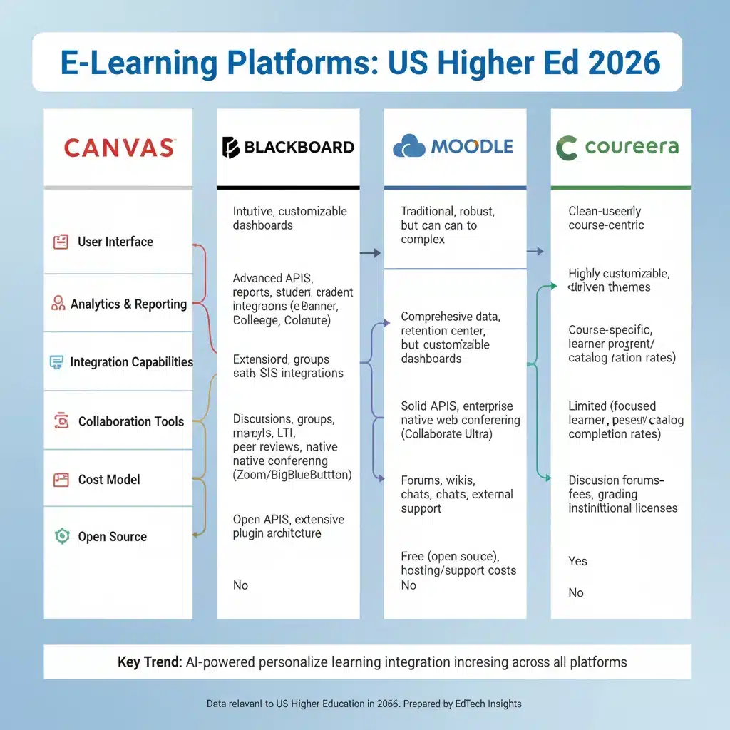 Infographic comparing features of top e-learning platforms for universities.