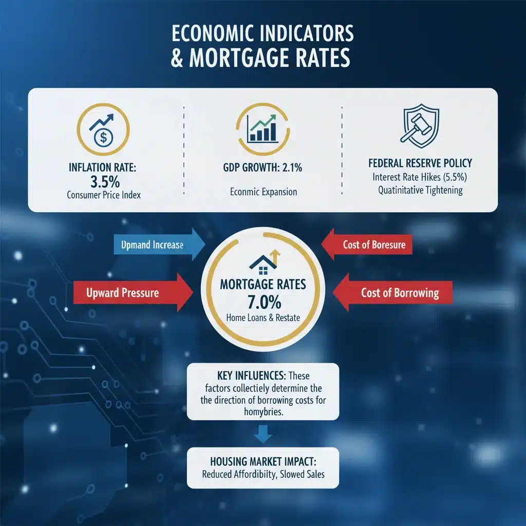 Infographic illustrating economic indicators impacting mortgage rates.
