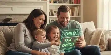 Happy family reviewing finances, symbolizing Child Tax Credit benefits.