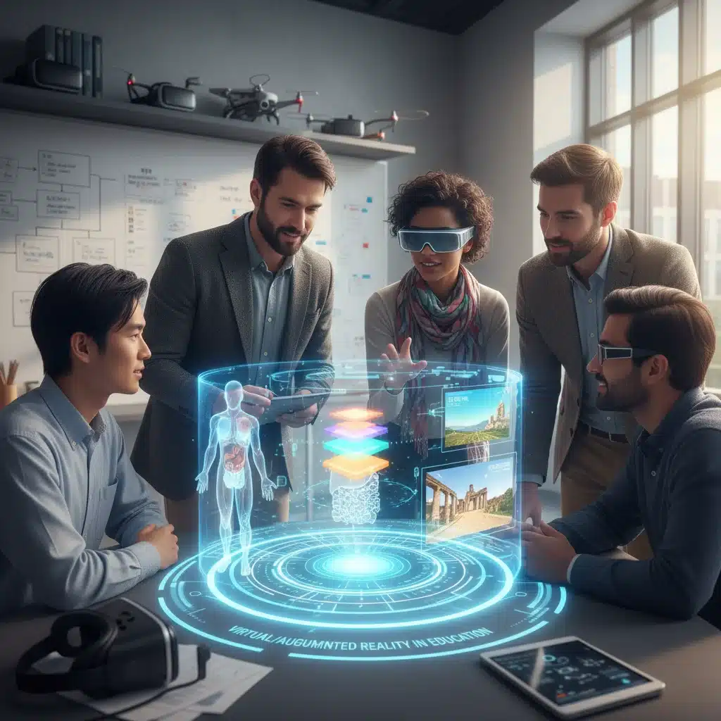 University faculty discussing future e-learning trends with VR/AR technology.