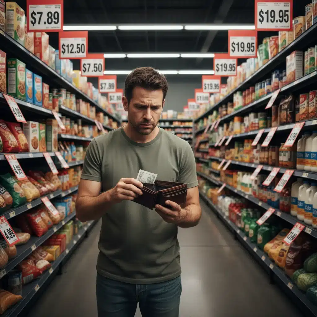 Consumer worried about rising prices in a grocery store.