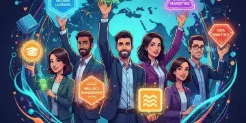 Professionals with micro-credential badges illustrating future education pathways
