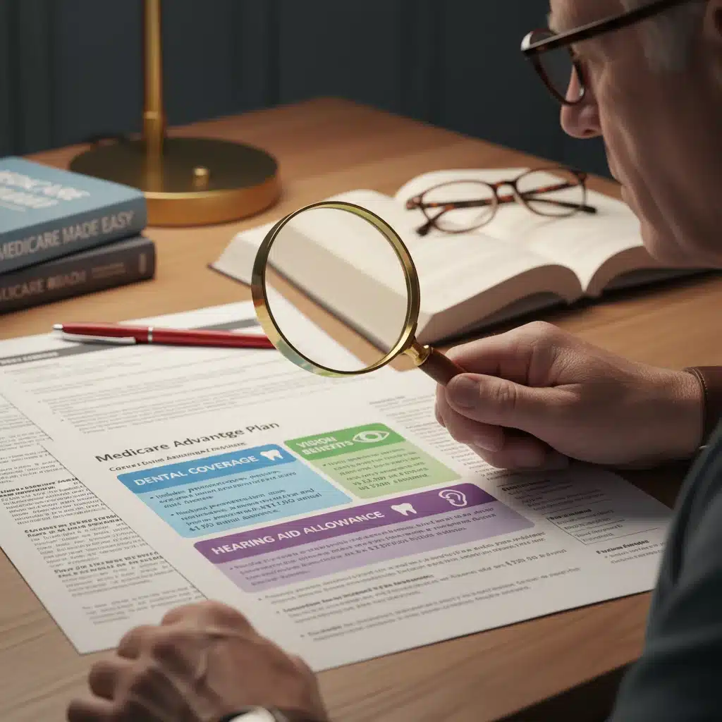 Magnifying glass over a Medicare Advantage plan document, highlighting key benefits.