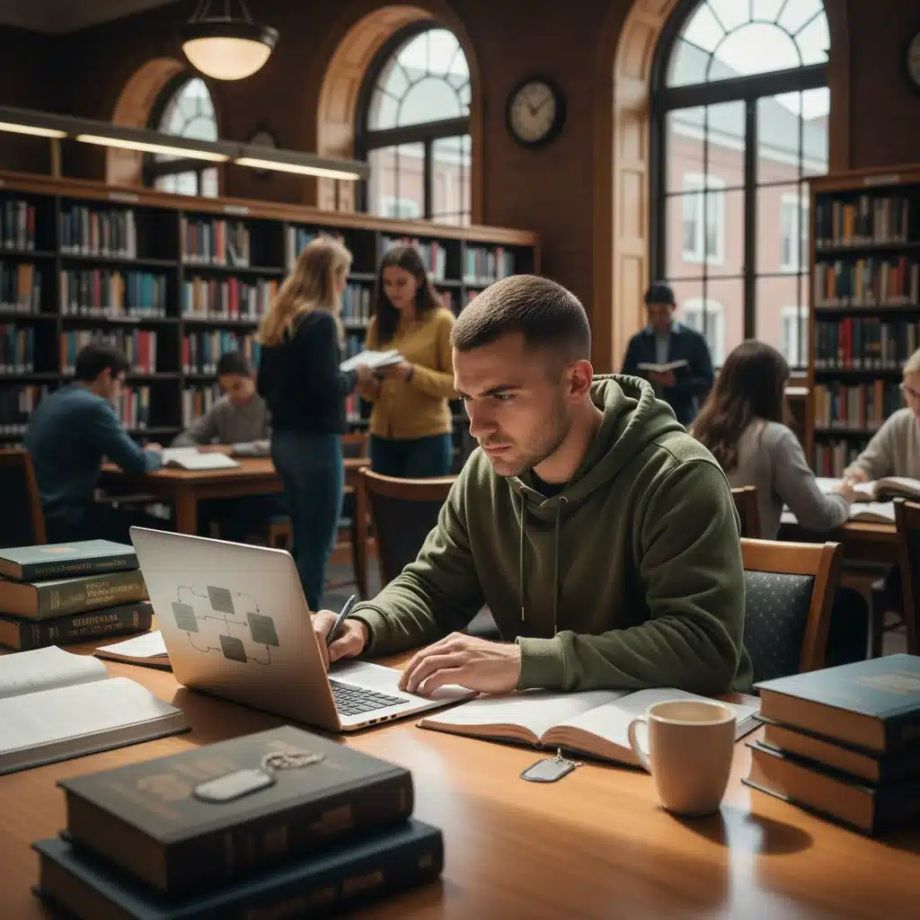 Veteran student studying in a university library, utilizing educational benefits.