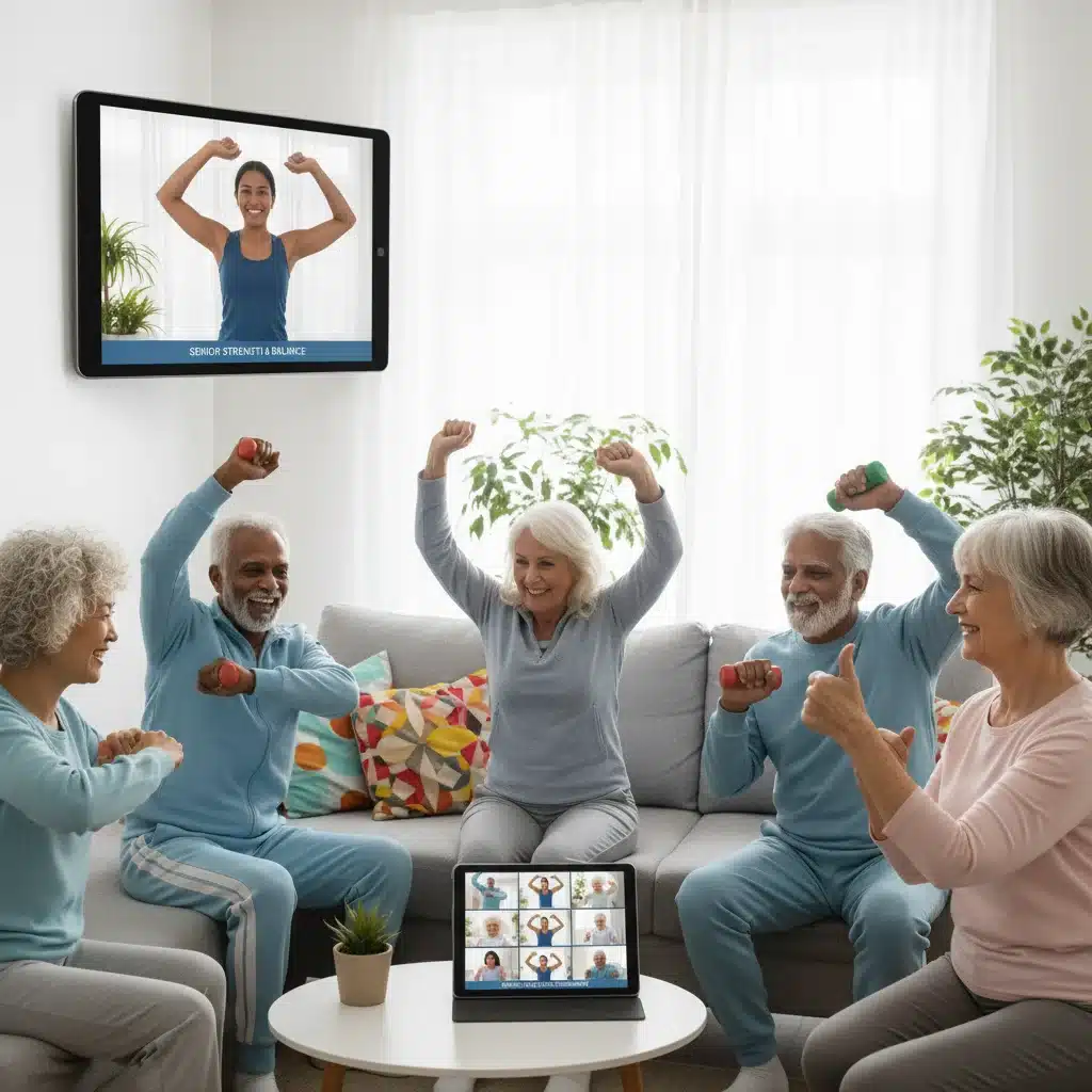 Seniors engaging in a virtual fitness class, demonstrating accessible wellness programs.