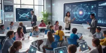 Students and teachers engaging with AI in a modern K-12 classroom, symbolizing future education.