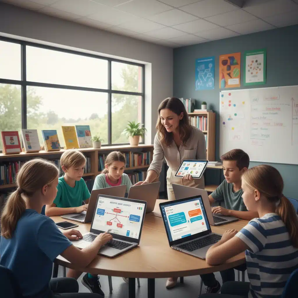 Teacher guiding students using AI personalized learning platforms in a K-12 setting.