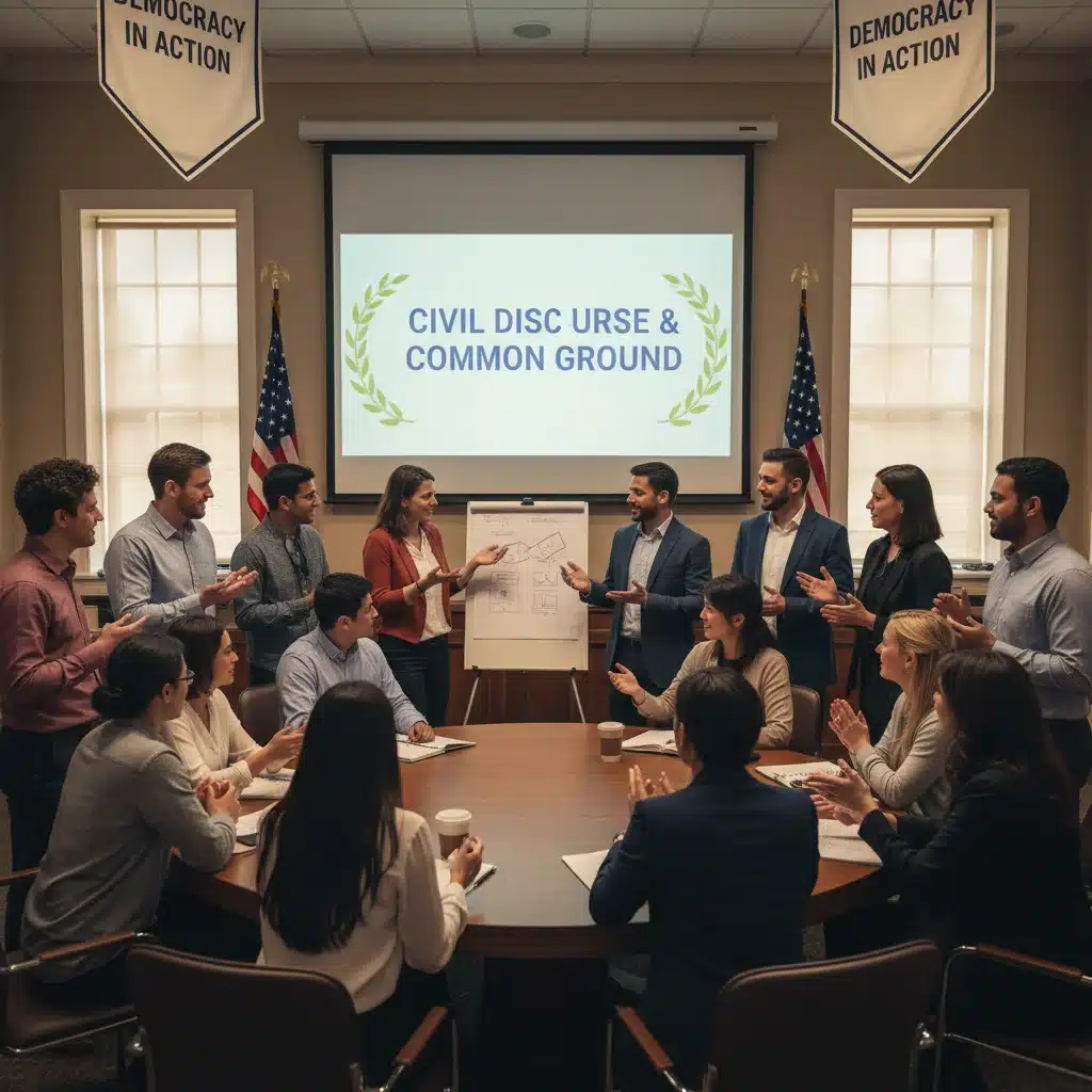 Diverse group of citizens engaged in a civil political discussion, representing various viewpoints.