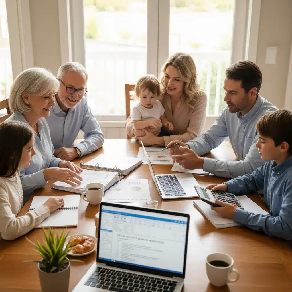 Multi-generational family discussing financial documents and retirement planning