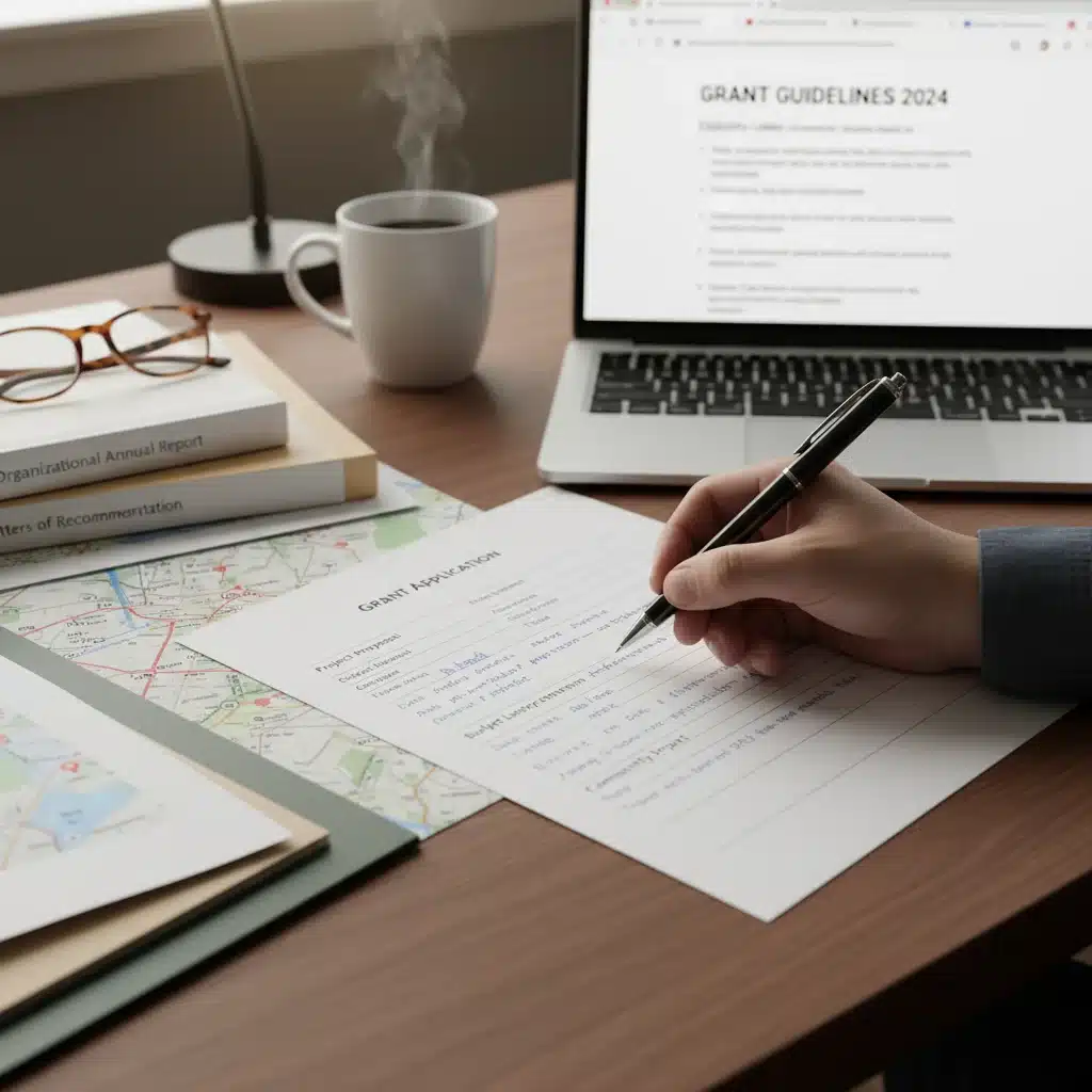 Hand filling out a federal education grant application form with supporting documents.