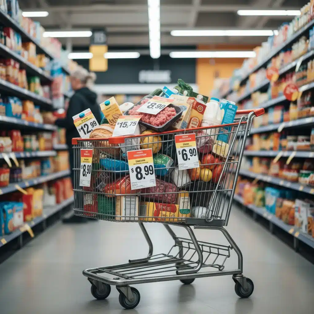 Sticker price shock: groceries in a shopping cart reflecting inflation and consumer spending.