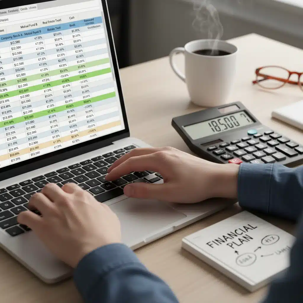Hands typing on a laptop analyzing investment spreadsheets for 401(k) strategy.