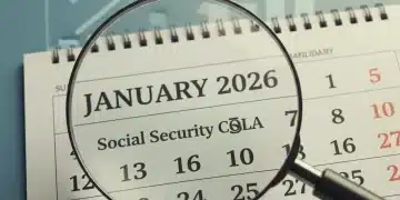 Calendar showing January 2026 with magnifying glass on dates and rising benefit graph