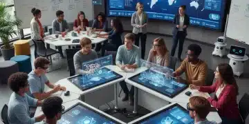 Students and educators collaborating in a modern classroom, utilizing technology for learning.