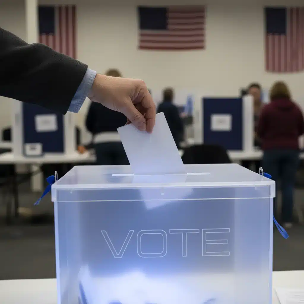 Voter casting a ballot into a modern, illuminated ballot box.