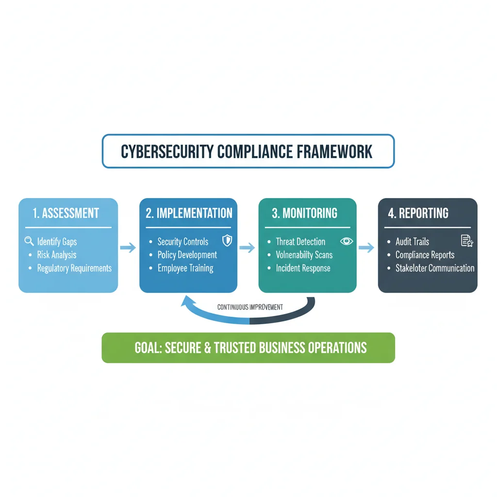 Flowchart depicting steps for cybersecurity compliance and risk management.