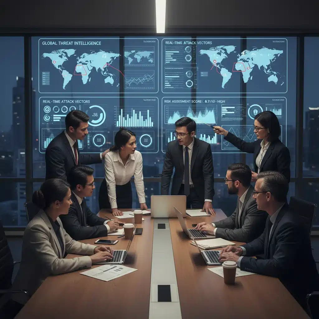 Business and IT teams collaborating on cybersecurity strategy and risk assessment.