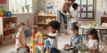 Happy diverse children learning in a modern early childhood education classroom