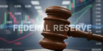 Federal Reserve gavel with economic charts in background