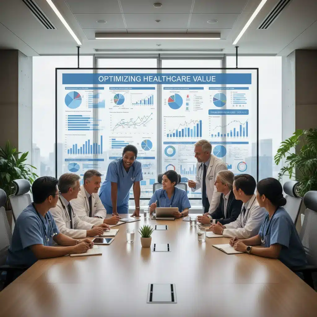 Healthcare professionals analyzing data on cost containment and patient outcomes