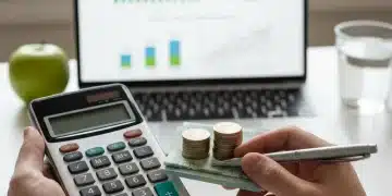 Hands calculating HSA contributions with financial charts