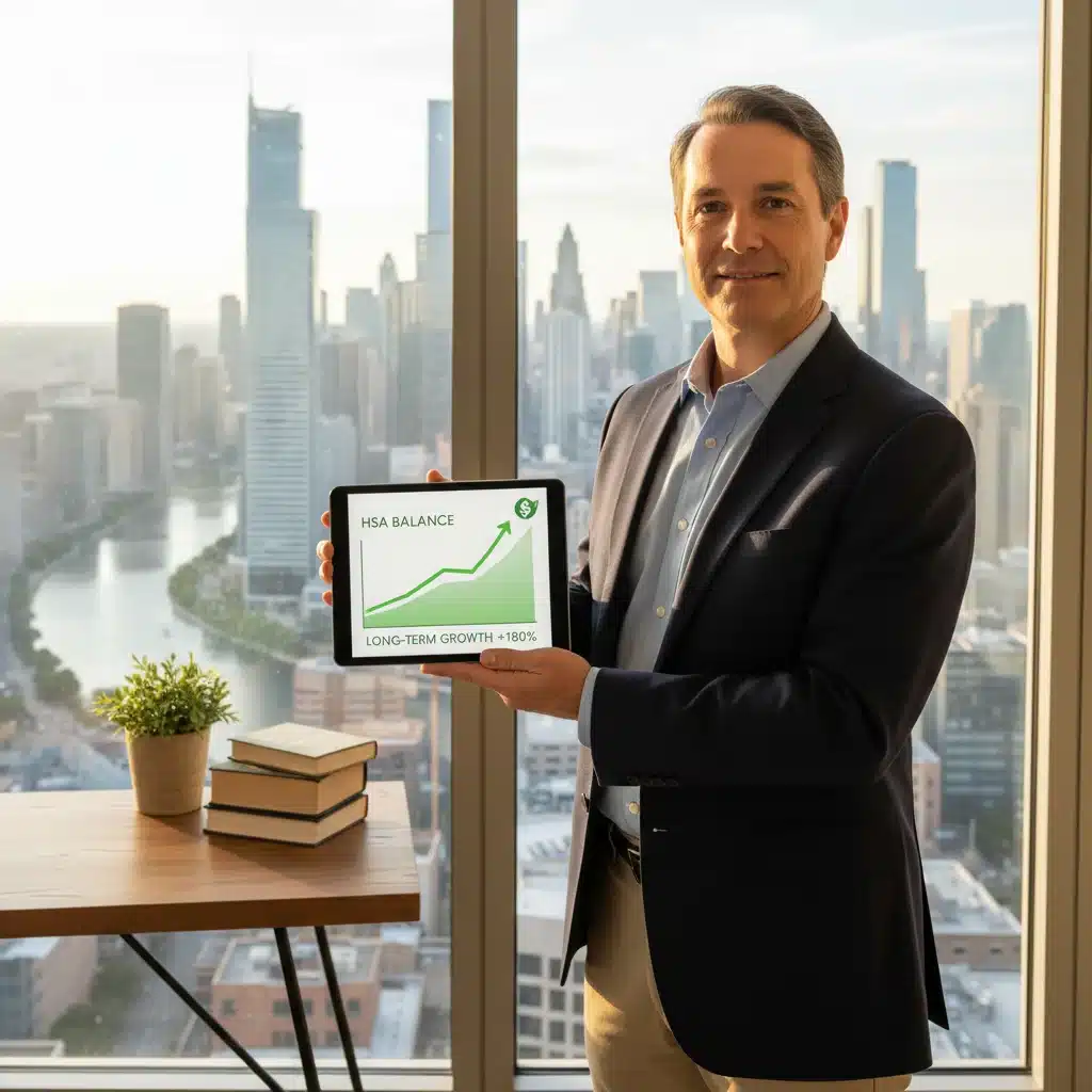 Person reviewing HSA investment growth on tablet