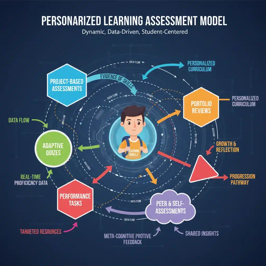 Infographic of personalized learning assessment model with interconnected components.