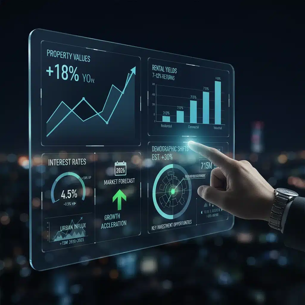 Digital dashboard showing 2026 real estate market trends, property values, and investment metrics.