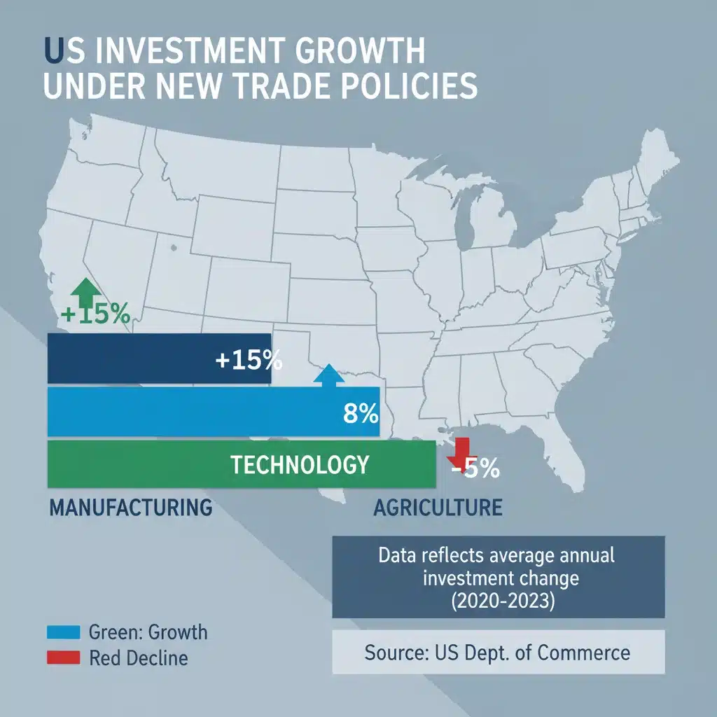 Infographic displaying sector-specific investment growth in US under new trade policies.
