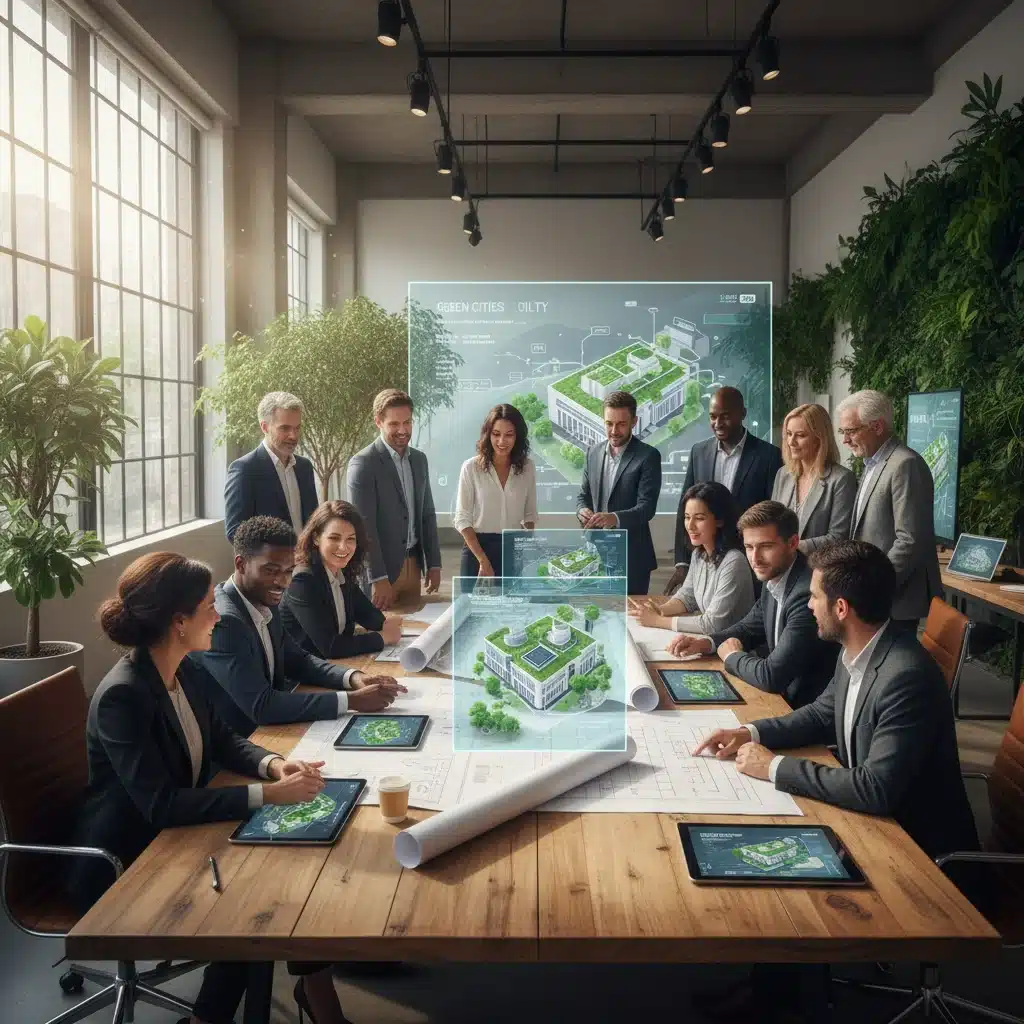 Professionals collaborating on sustainable urban development plans for future real estate growth.