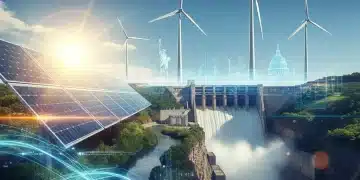 Solar panels, wind turbines, and hydroelectric dam symbolizing a 15% increase in US renewable energy investments by 2026.