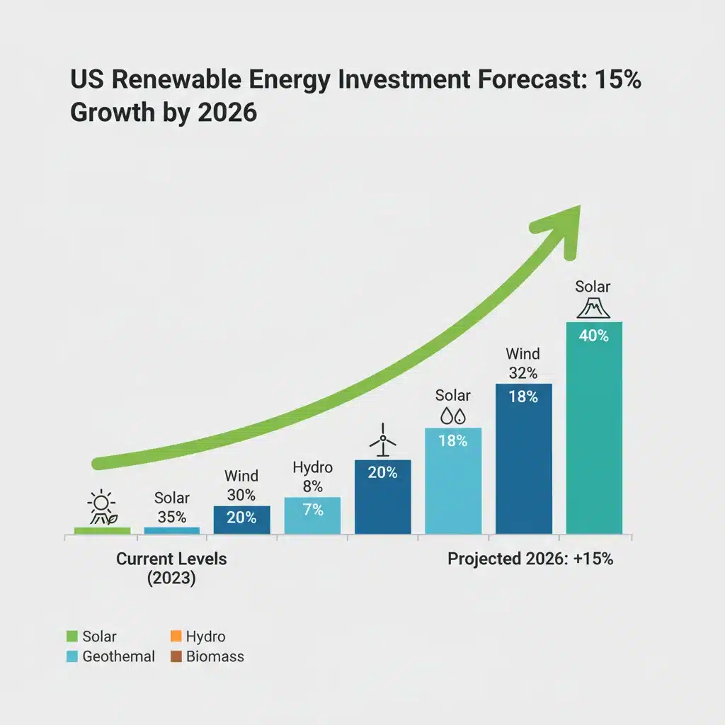 Infographic showing projected 15% growth in US renewable energy investments across various sectors by 2026.