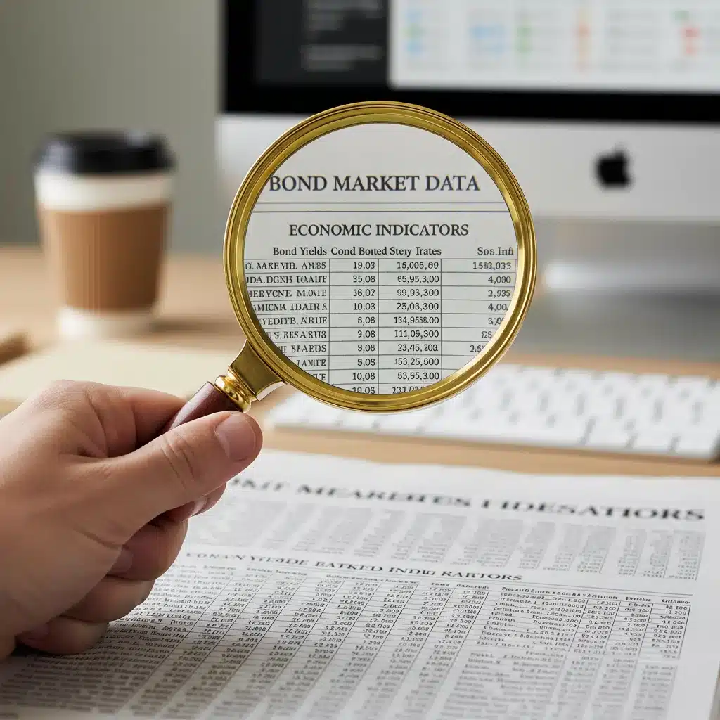 Investor analyzing bond market data with a magnifying glass, focusing on fixed-income securities.
