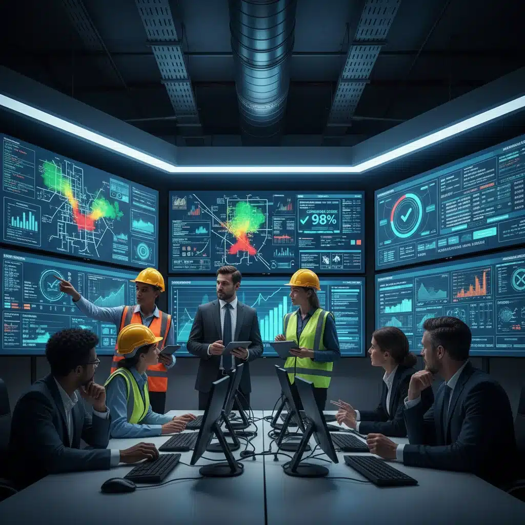 Engineers monitoring real-time emissions data in a control room, demonstrating proactive regulatory compliance and technological adaptation.