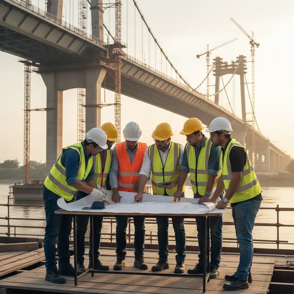 Construction workers reviewing blueprints on a bridge project site